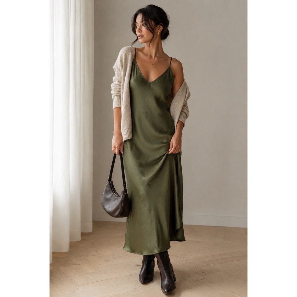 Wilfred Olive Green Satin Slip Midi Dress M Layering Minimalist 90s